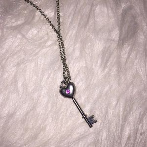 Silver purple diamond key necklace